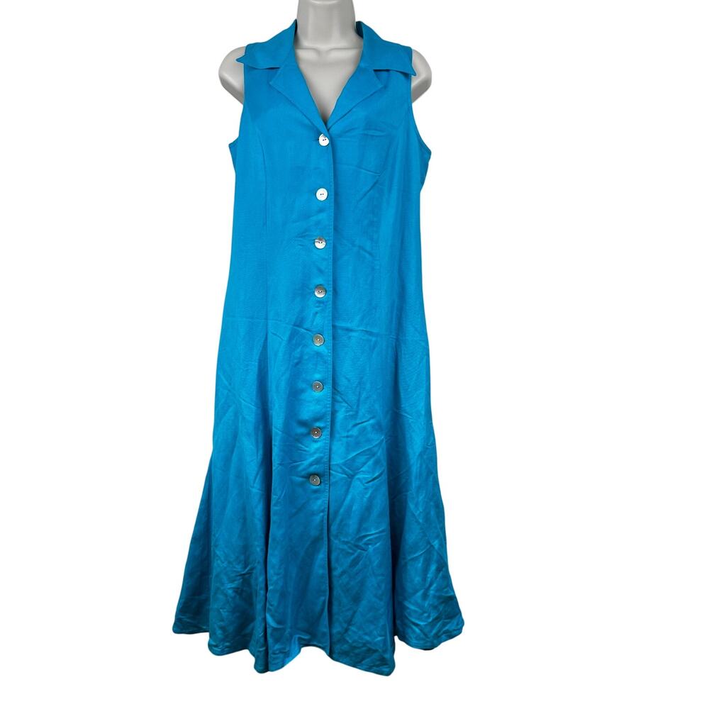 Coldwater Creek Midi Dress Linen Sleeveless Button Front Opal Buttons Blue 10P